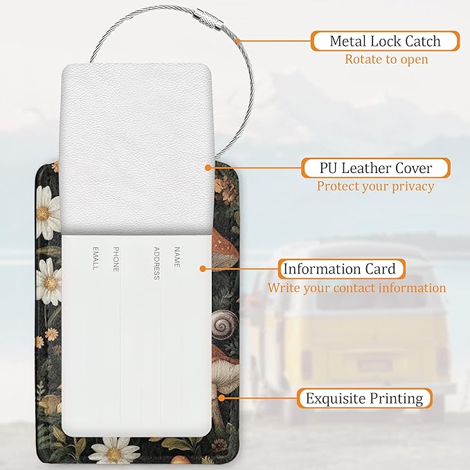 Cute Mushroom Luggage Tags for Suitcases, 3 Pack Leather Bag Tag Identifiers with Stainless Steel Loop and Address Card for Men Women