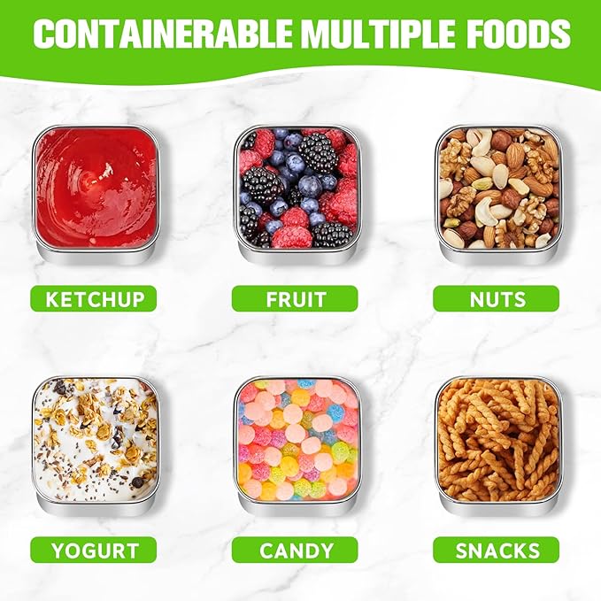 FJDCKJ Stainless Steel Snack Containers, Set of 4 Easy Open Leak Proof Small Food Containers with Silicone Lids, Reusable Metal Lunch Container for Lunch Boxes, Picnics and Travel
