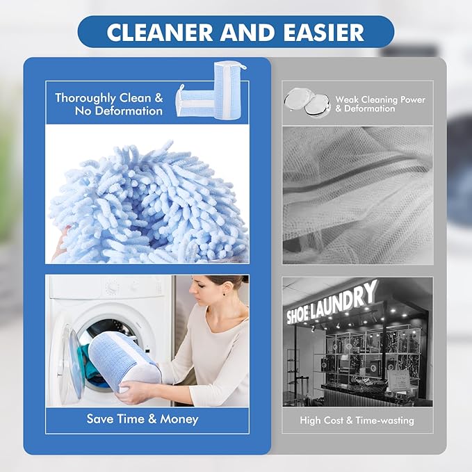 Shoe Washing Machine Bags, Reusable Laundry Bag for Washer and Dryer, Durable Fluffy Fiber Keep Clean, 2 Pairs Adjustable Trees for All Shoes, Blue
