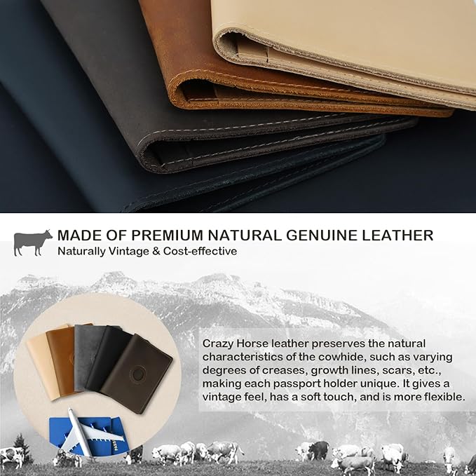 Airtag Passport Holder for Men and Women Travel, Real Leather Passport Wallet, Handmade Passport Cover Case with Airtag Slot, Travel Must Haves Essentials Accessories Birthday Gifts(Crazy Horse,Black)