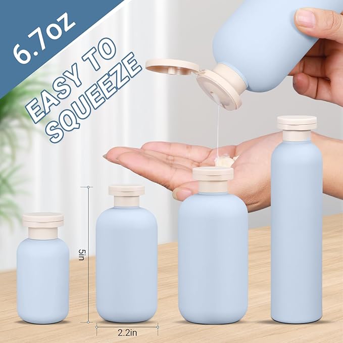 ASEVAT 6.7oz 4Pcs Refillable Travel Shampoo & Conditioner Bottles With Flip Cap