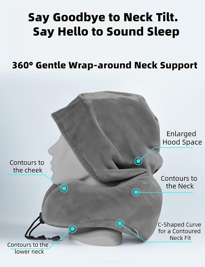 Travel Neck Pillow with Extra Large Hood Rollable Airplant Hooded Neck Pillow with Memory Foam Filling and Removable, Skin-Friendly Cover with a Carrying Pouch