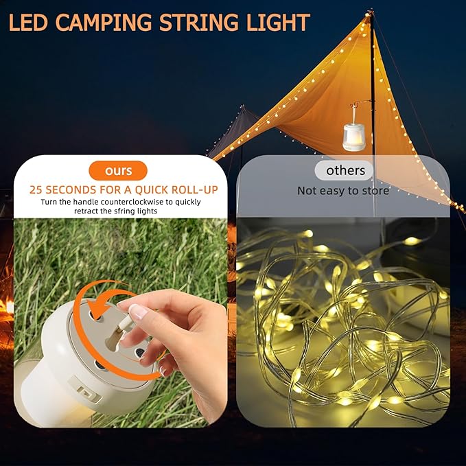 Camping Lantern with String Lights, 2 in 1 Outdoor Waterproof Portable Stowable String Light（32.8Ft）, 1800mAh Rechargeable Lantern with 3 Modes for Camping and Emergency Charging(1-Pack)