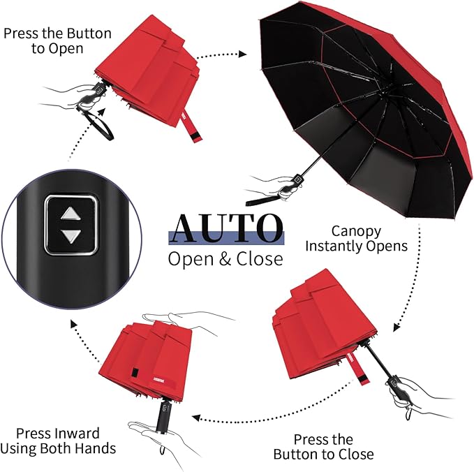 Yoobure Windproof Travel Umbrella with Wood Handle - Automatic Umbrellas for Rain & UV Sun Protection, Compact 46" Large Canopy, Lightweight Backpack Portable for Walking & Outdoor