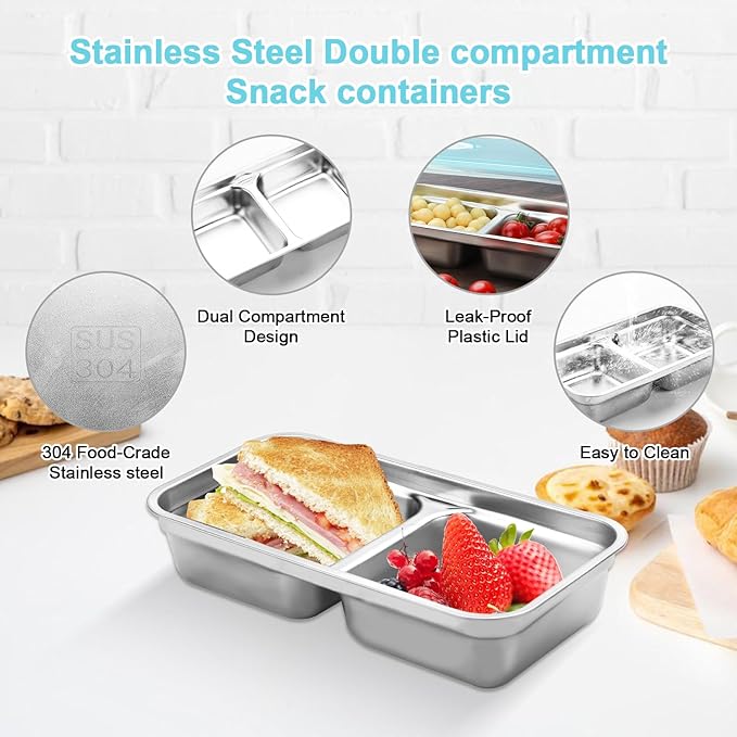 1PCS Stainless Steel Double-Layer Snack Container with Lid Leak-proof design, dishwasher safe Ideal for snacks, dips, takeout, travel, and outdoor camping (2 Compartment)