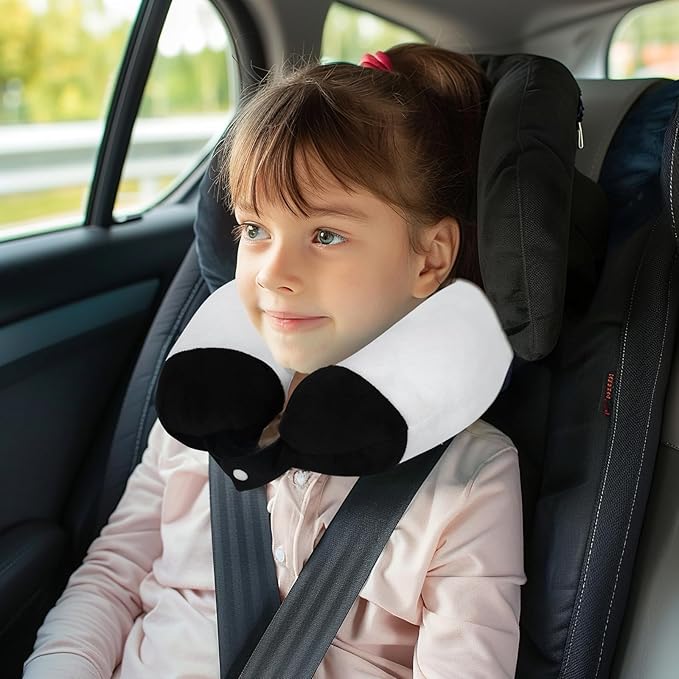 H HOMEWINS Travel Pillow for Kids,Cute Animal Neck Pillow for Boys Girls,Soft Neck Head Chin Support Pillow,Travel Accessories for Airplane, Car, Train,Recline (Big Eyes Panda)
