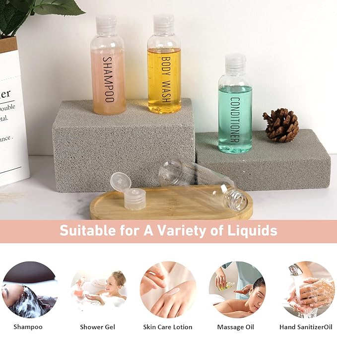 Travel Bottles for Toiletries 3.4oz/100ml 4 Pack TSA Approved Leak-Proof Travel Size Containers Squeezable Empty Plastic Toiletry Bottles Pre-printed Shampoo, Conditioner, Body Wash (Clear)
