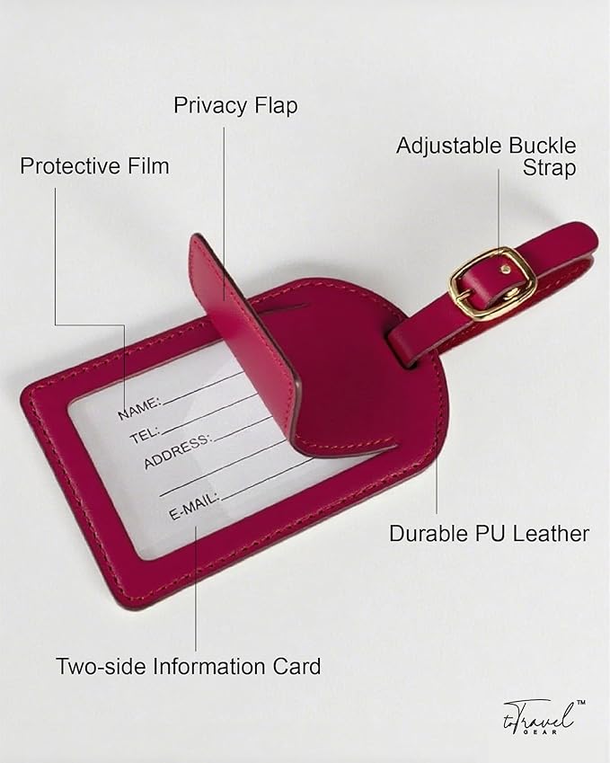 Luggage Tags for Suitcases,2 Pack PU Leather Privacy Protection Bag Tags Travel Accessories Essentials,Wine Red
