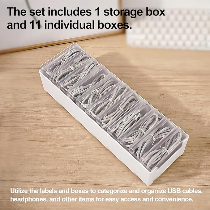 11 in 1 Charger Cable Organizer Box with Lid and 20 Cable Ties & 32 Labels Included | Multi-Function Storage for Office Desk Drawer | Cord, Charger, Card Organizer Case