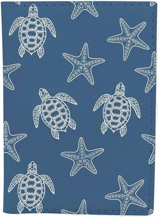 Sea Turtle Line Passport Holder for Travel Starfish Ocean Underwater Life PU Leather Passport Cover Wallet Cute Passport Card Holder for Women and Men
