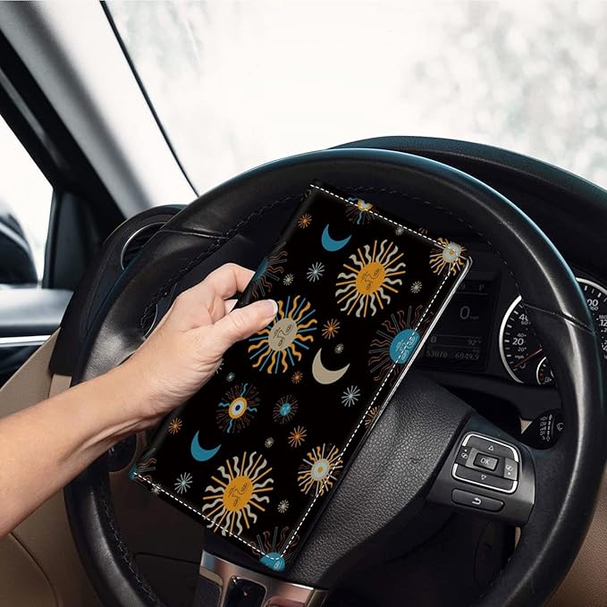 Car Registration and Insurance Holder, Leather Car Glove Box Organizer, Cool Car Accessories for ID, Driver's License Cards & Essential Document, Business Cards, Men&Women,Moon Sun