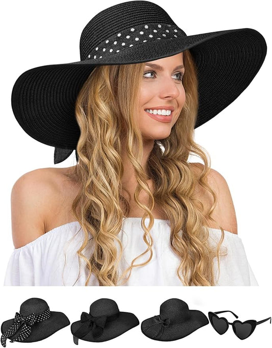 Senker Fashion Sun Hats for Women, Wide Brim Floppy Beach Straw Hat for Summer Travel Vacation Foldable with Sunglasses