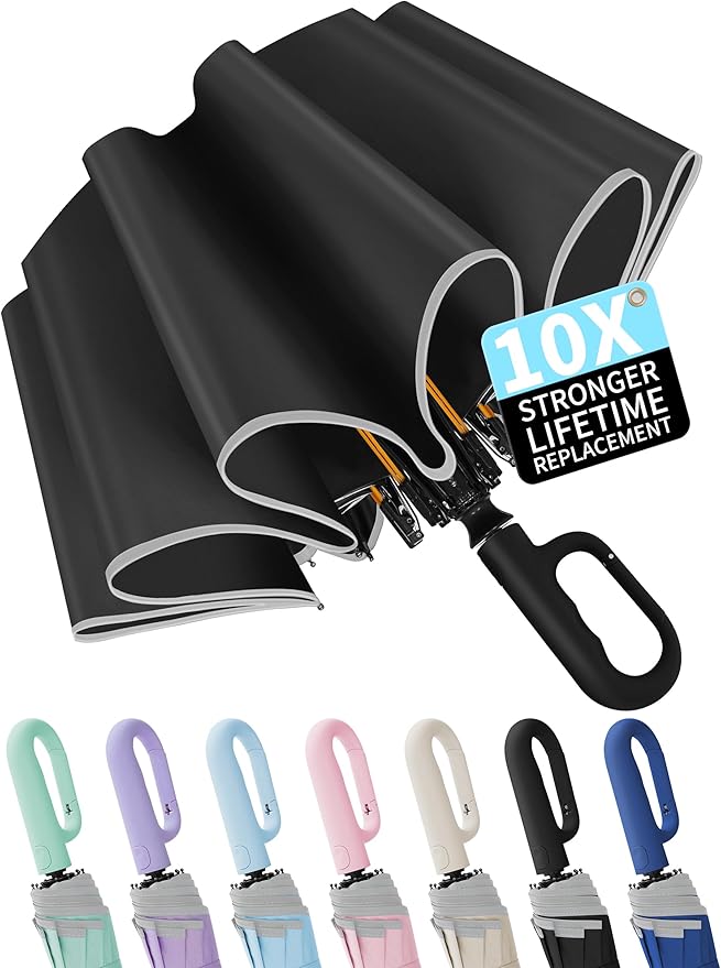 Seniny Travel Umbrella with Carabiner Handle, Windproof Large Umbrellas for Rain with Dual-Rib Structure, Portable Compact Umbrella with Reflective Strip, Car Backpack UV Umbrellas for Sun Protection