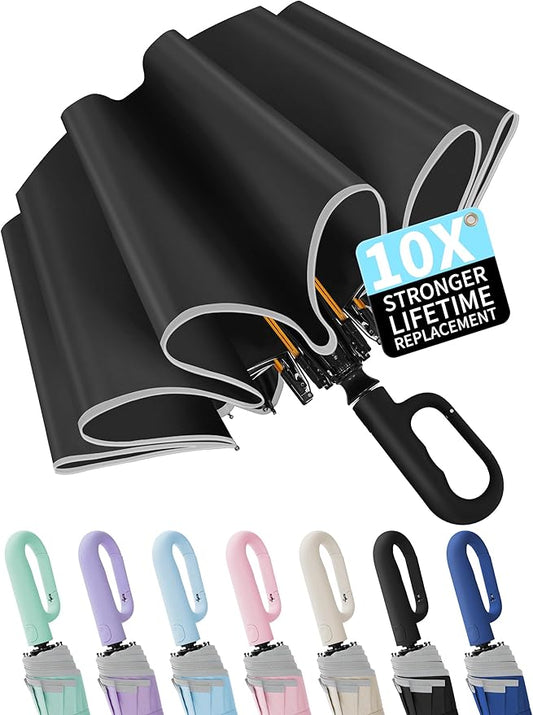 Seniny Travel Umbrella with Carabiner Handle, Windproof Large Umbrellas for Rain with Dual-Rib Structure, Portable Compact Umbrella with Reflective Strip, Car Backpack UV Umbrellas for Sun Protection