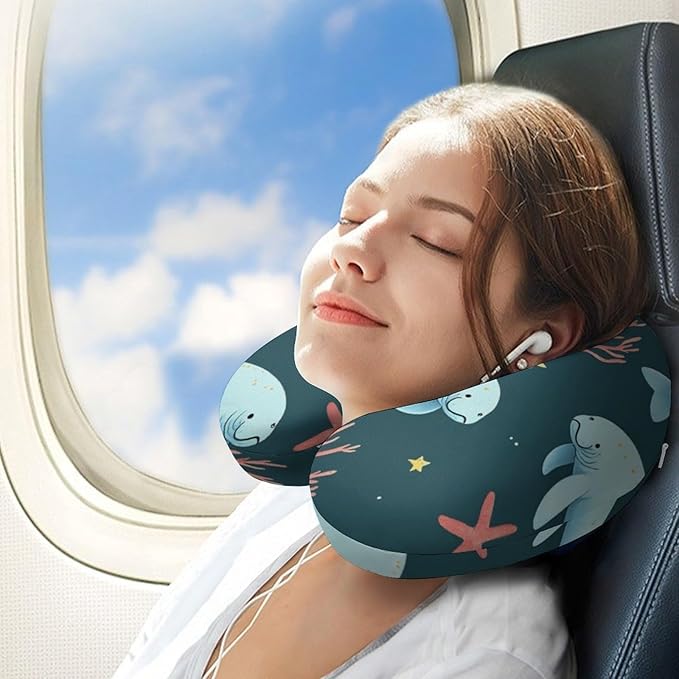 Kids Washable U-Shaped Travel Pillow Neck Support, Manatee Animals U-Shape, Airplane Car Nap Chin Cushion