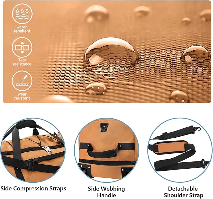 32” 1680D Oxford Foldable Duffle Bag with 2 Wheels,110L to 140L Expandable Soft Sided Rolling Travel Bag,Brown