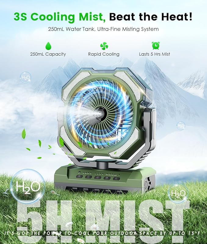 Camping Misting Fan - Portable Rechargeable Fan with 9oz Tank, Light, Hook - Battery Power 120H MAX Working, Fast Cooling, 4 Speed, Timer, Sleep Mode, for Outdoor, Travel, Patios, Beach