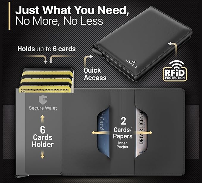 GRATIA Slim Wallet for Men - RFID Blocking, Minimalist Credit Card Holder, Stylish Men Wallet for Security & Convenience, Front & Back Pocket Cardholder, Holds 8 Cards (Black)