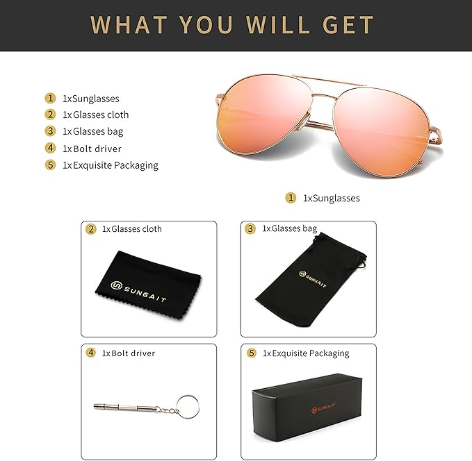 SUNGAIT Women's Lightweight Oversized Aviator Sunglasses - Classic Style Polarized Lens
