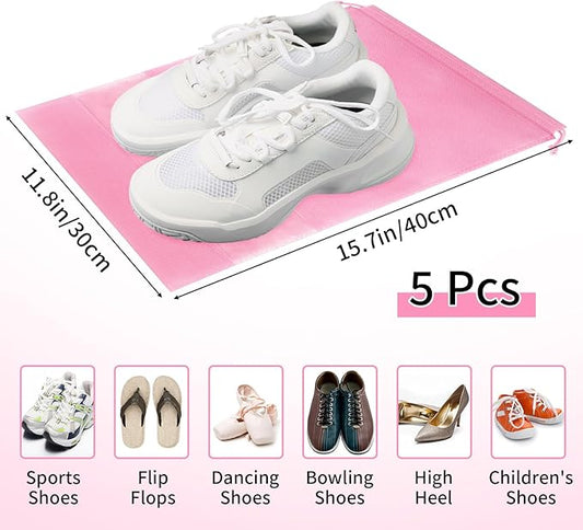 Pink Travel Shoe Bags - 5 Pcs Non-Woven Drawstring Packing Bags with Clear Window (15.7" x 11.8")