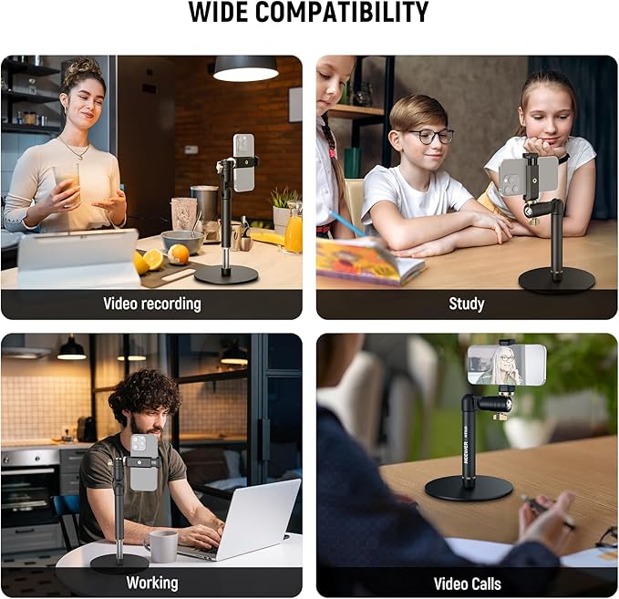 NEEWER Cell Phone Stand for Desk, Adjustable Office Table Phone Holder Mount Compatible with iPhone Samsung for Video Recording Filming, 360° Ball Head, Foldable Arm, Weighted Metal Base, MT010
