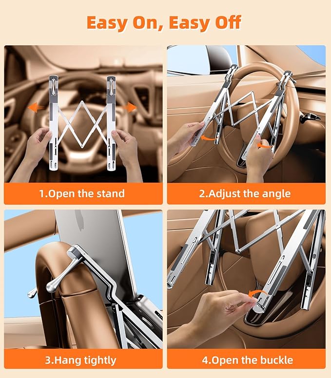 DICMKY Car Laptop Mount Steering Wheel Tray Holder, Height Adjustable Car Desk for Laptop Computer Tablet, Foldable Portable Lap Laptop Stand for Car Vehicle Workstation Accessories Truck SUV Tesla