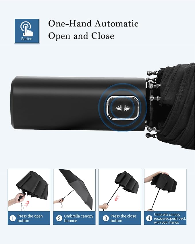 Windproof Travel Umbrella, Automatic Folding Compact Lightweight Umbrella for Women & Men, Durable and Portable, Fits Easily in Purse or Backpack