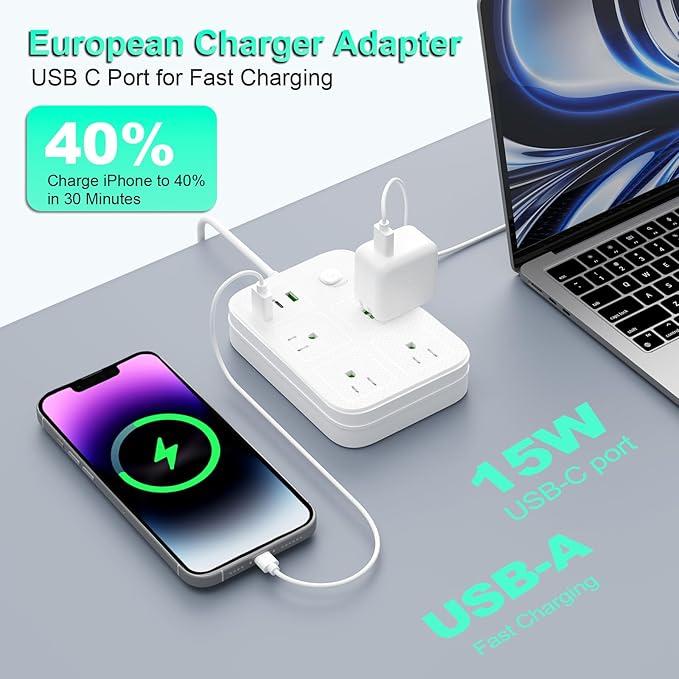 European Travel Plug Adapter, European Power Strip with 4 AC Outlets 1 USB C and 2 USB Ports, Europe to US Plug Adapter Type C for EU Germany France Spain Italy Travel (3ft)