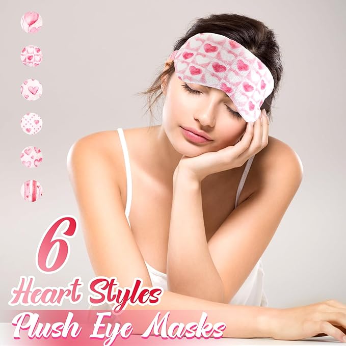 Cuffbow 6 Pcs Plush Sleep Eye Mask Silk Furry Eye Covers for Sleeping Cute Sleep Mask Fluffy Comfortable Sleeping Blindfold for Travel Sleepover Nap Party Supply Women(Heart,Pink)