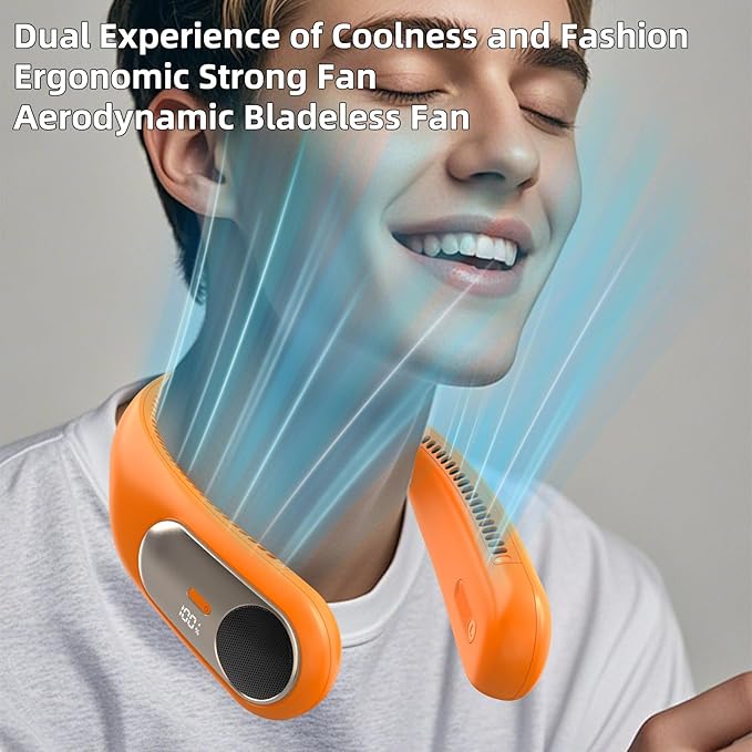 Portable Neck Fan,Personal Wearable Bladeless Fan,LED Display,4-Speeds,6000mAh USB Rechargeable,360° Strong Cooling Wind,Hands Free,Long Lasting,Birthday Gifts for Men Women Dad Mom (Orange)