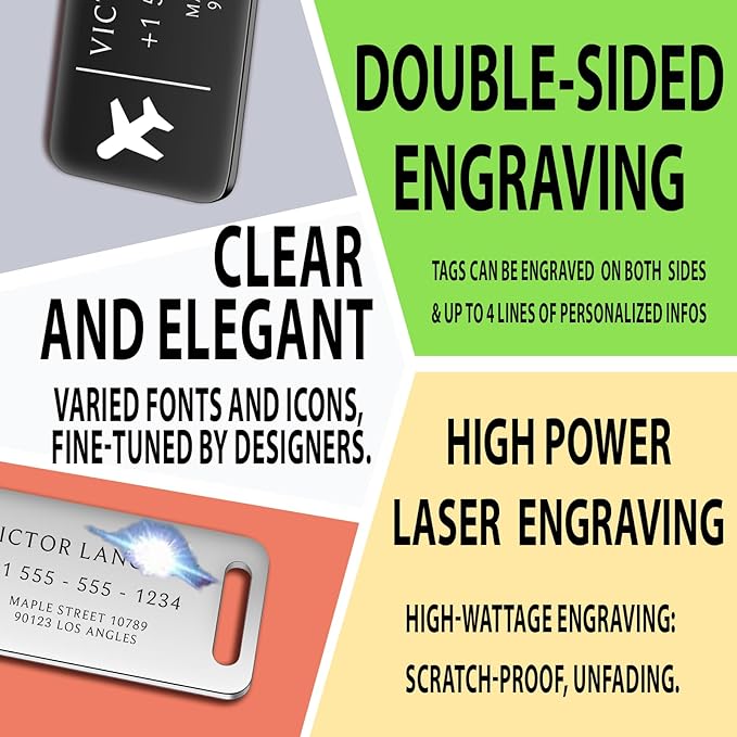 Personalized Luggage Tags for Suitcases - Stainless Steel Custom Luggage Tags for Backpacks & Bags, Sturdy, Waterproof & Heavy Duty (Black / 3" x 1.25")