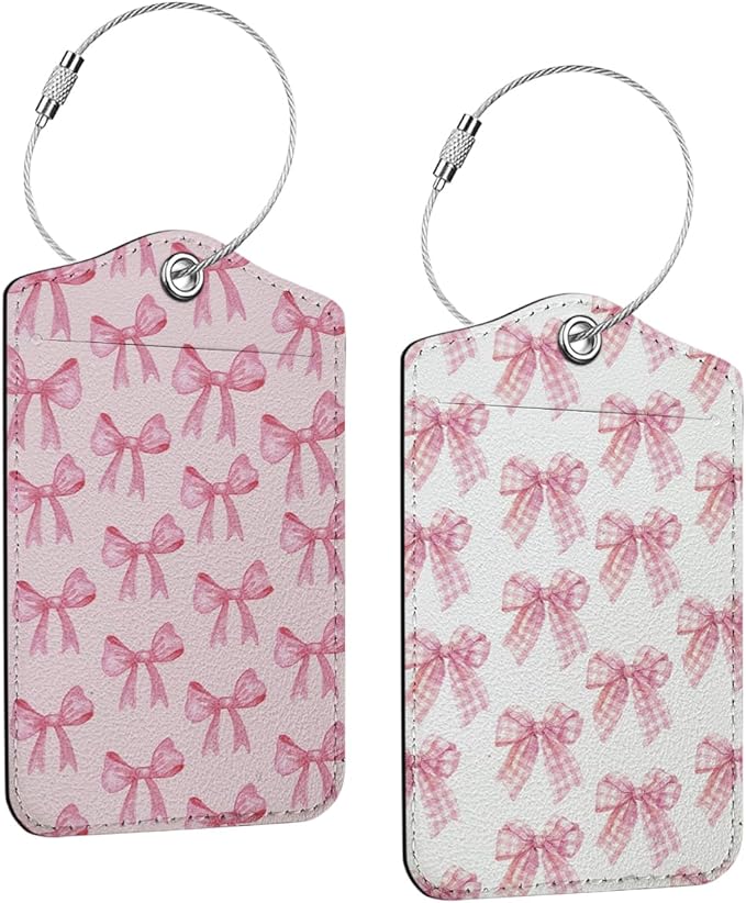 2 PCs Preppy Bow Luggage Tag, Suitcase Tags with Privacy Flap and Metal Loop, Coquette Luggage Tags for Suitcases, Identifiers Travel Essentials Bag Tag, Preppy Gifts for Women Girls Friends
