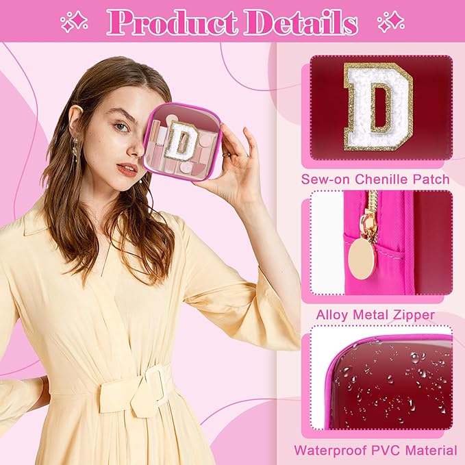 Personalized Initial Letter Clear Preppy Makeup Bag,Mini Nylon Chenille Letter Cosmetic Bag Cute Zipper Pouch Coin Purse for Teen Girls,Portable TSA Approved Travel Essentials Bag Gift for Women,D