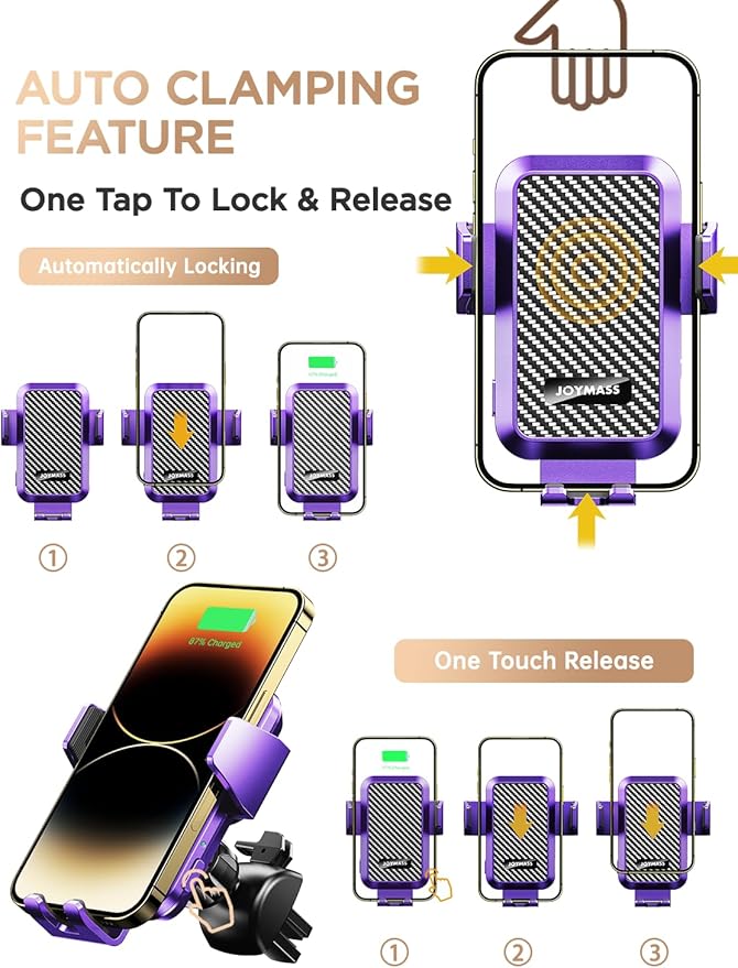 Wireless Car Charger, Phone Holders for Your Car, 15W Auto Clamping Phone Mount Car Accessories for iPhone 16 15 14 13 12 Mini Pro Max, Samsung Galaxy S24 Ultra S23 S22+ Note 20, etc - Purple