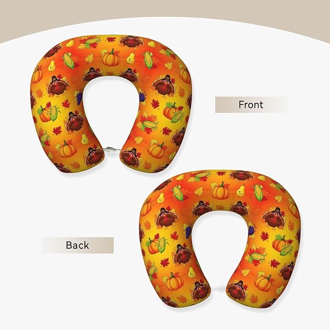 Neck Travel Pillow, Women Men Washable Airplane Car Pillows Thanksgiving Cute Turkey Pumpkin, Head Support Rest U Shaped Cushion Comfortable for Watching TV