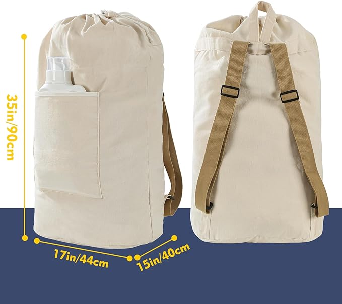Canvas Laundry bag, Washable Laundry backpack, Adjustable Straps, Large Front Pocket, Drawstring Closure (BEIGE, XX-Large)