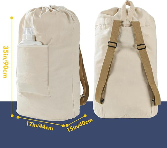 Canvas Laundry bag, Washable Laundry backpack, Adjustable Straps, Large Front Pocket, Drawstring Closure (BEIGE, XX-Large)