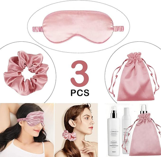 3Pcs Satin Eye Mask Silk Sleep Masks Set Silky Blindfold Eyeshade Blackout Eyes Cover Pouches Bag Scrunchy Wedding Gift