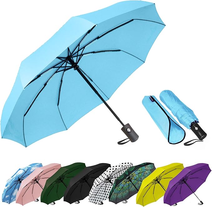 SIEPASA Windproof Travel Compact Umbrella-Automatic Umbrellas for Rain-Compact Folding Umbrella, Travel Umbrella Compact, Small Portable Windproof Umbrellas for Men Women Teenage.(Light Blue)