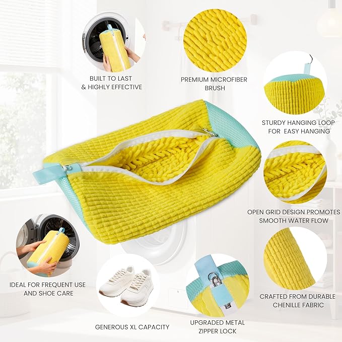 Shoe Washing Machine Bag, 2-Pack Reusable Shoe Bag for Washing Machine, 360° Deep Clean for Sneaker, Running Shoes,Bras, Delicates and Toys, Includes 2 Shoe Storage Dust Bags(Yellow)