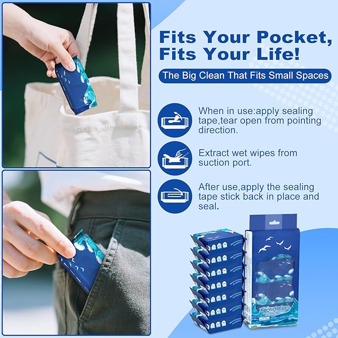 64 PCS Mini Wipes Wet Travel Size,Hand Wipes Travel Size for Adults, Kids & Babies,Unscented, Alcohol Free, Paraben Free for Wedding Travel Homeless Restaurant Barbecue 8 Count (Pack of 8)