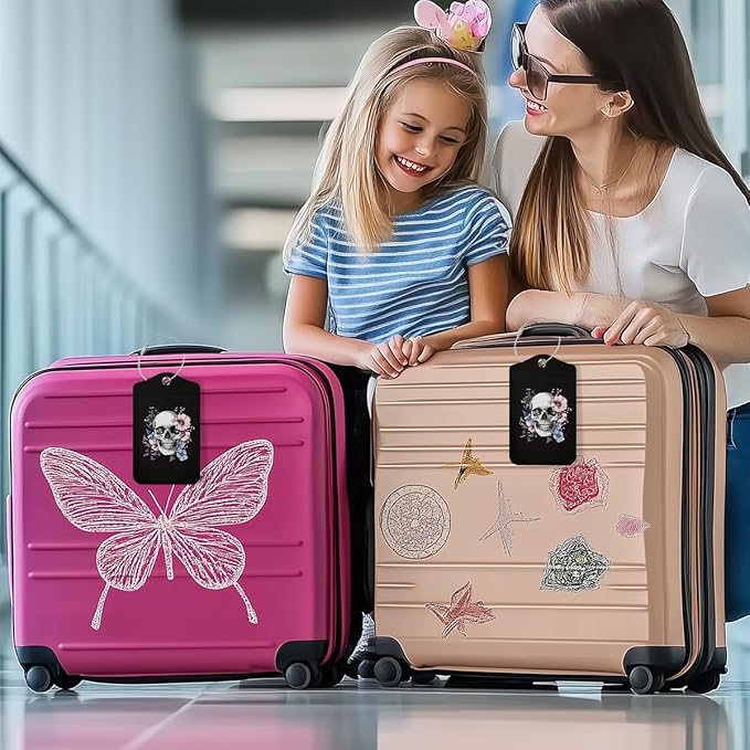 Floral Skull Luggage Tag, Suitcase Tags with Privacy Flap and Metal Loop, Gothic Luggage Tags for Suitcases, Identifiers Travel Essentials Bag Tag, Travel Gifts for Women Girls Friends