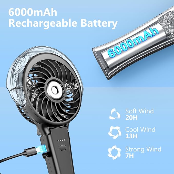 6000mAh Portable Handheld Misting Fan as Power Bank, 50ml XL Water Tank, 20H Runtime 3 Speeds, 180° Foldable Rechargeable Mist Fan for Travel, Outdoors, Makeup - Black