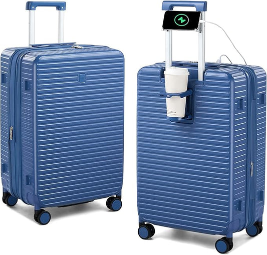 Hard Shell Suitcases Travel Expandable Luggage, 24 Inch Check in Luggage with Spinner Wheels Cup Holder Charger Built in, Checked Medium Suitcase Lightweight Suitcases, Interstellar Blue