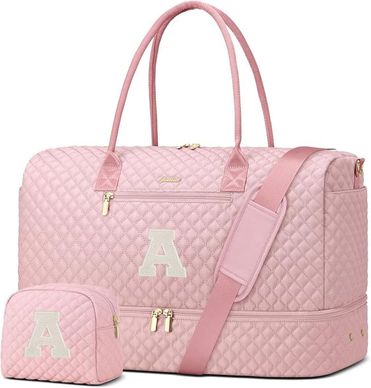 Letter Weekender Bags for Womens- Duffle Bag with Shoe Compartment Personalized Overnight Bag with Toiletry Bag Duffel Bags for Gym Hospital Bags Gift for Women Pink (Letter A)