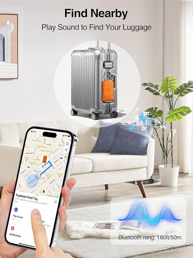 TopMade Smart Luggage Tag with Apple Find My, Premium Leather Luggage Tags for Suitcase, Travel Bags, Backpacks, Anti-Lost Suitcase Tag Tracker for Travel with Privacy Name Card, Rechargeable