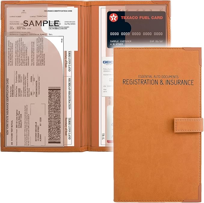 Auto Insurance and Registration Card Holder - Vehicle Glove Box Document Organizer - Car Essential Paperwork Holder for DMV, AAA, Contact Information Cards - Premium PU Leather Wallet Case - Orange