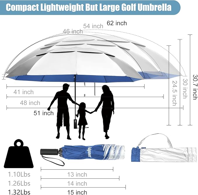 62/54/46 Inch Umbrellas for Rain Large Travel Compact Golf Umbrella Inverted Windproof Double Canopy 10 Ribs Automatic Open/Close UPF50+ Sun UV Protection