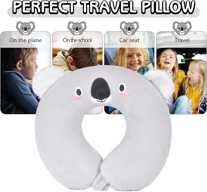 H HOMEWINS Travel Pillow for Kids,Cute Animal Neck Pillow for Boys Girls,Soft Neck Head Chin Support Pillow,Travel Accessories for Airplane, Car, Train,Recline (Koala)