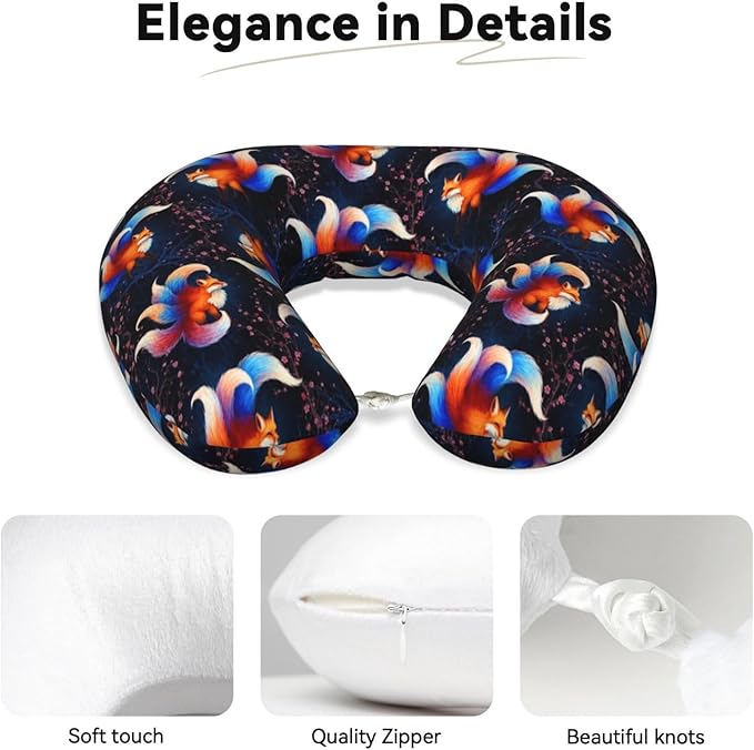 Unique Travel U Shaped Pillows Cherry Flowers Blossom Magic Anime Fox for Airplanes Car Flight, Comfortable Chin Head Neck Cushion Supporting, Polyester Removable Cover